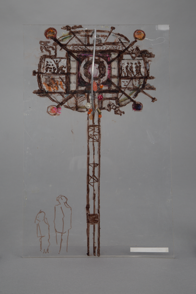 Öhrström, Edvin, "Rymdskeppet Aniara landar på Sallerupsskolans gård", 1984, Photo:  Elvine Lund/Skissernas Museum 