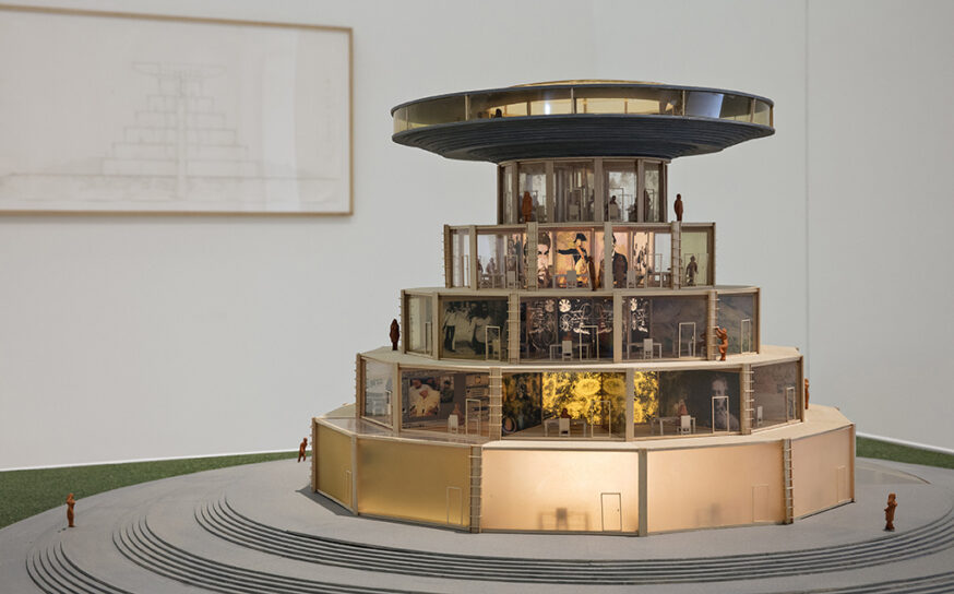 Campus or the Babel of Knowledge 2002–2004. Installation view. Two balsa wood, acrylic, cardboard and clay models, two pencil and ink drawings on paper, text in vinyl, two video animations. Fundación CALOSA. Photo: Johan Persson