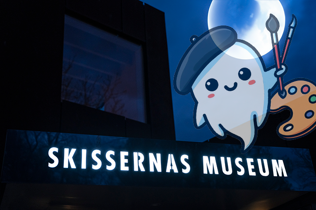 Skissernas Museums fasad på kvällen. Med ett tecknat spöke i ena hörnet som flyger framför en fullmåne.