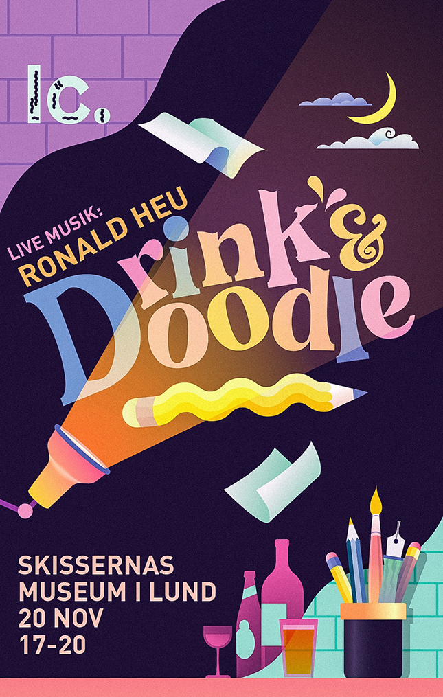 Grafisk form med text "Drink & Doodle".