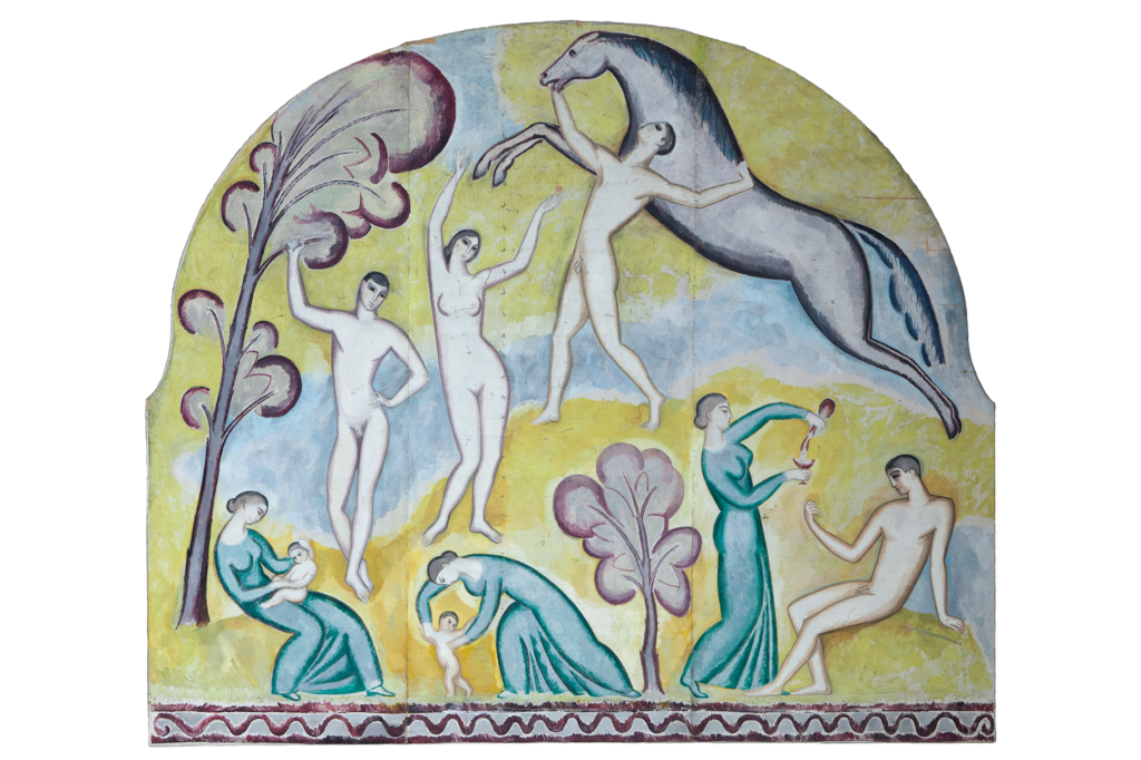 En målning föreställande män och kvinnor, några är nakna, en kvinna har ett litet barn i sitt knä, en man tycks dansa med en häst.