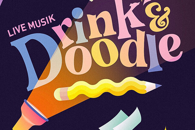 Grafisk form med texten "Drink and Doodle"