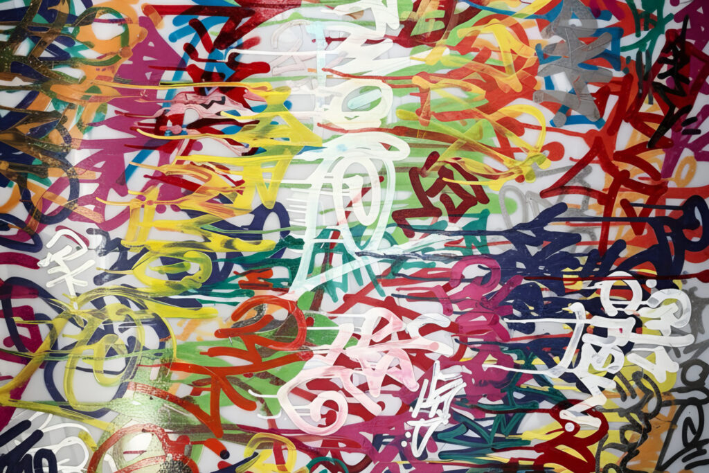 Graffitimålning med olika "tags" i olika färger.