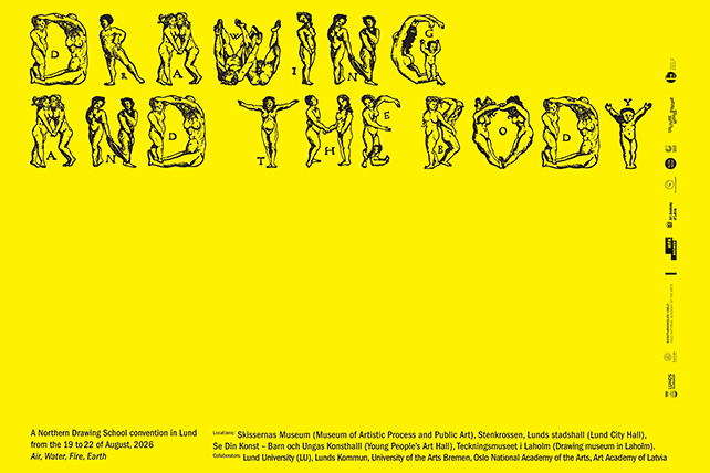Grafisk formsvart text "Drawing and the body" på gul bakgrund.