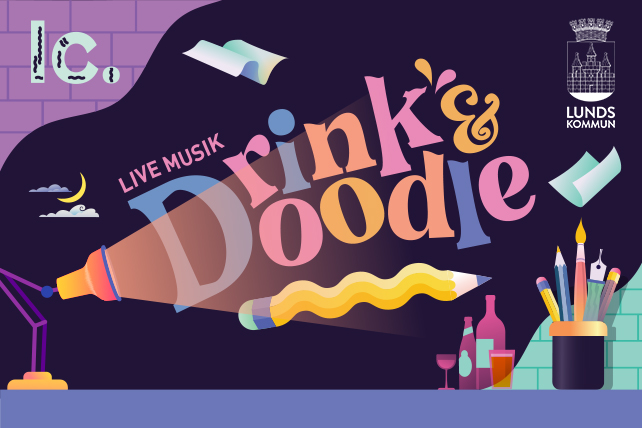 Grafisk form med texten "Drink & Doodle"