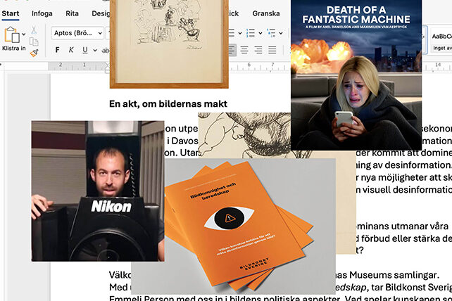 Kollage olika bilder, en kamera, böcker, En skiss av en skulptur, en kvinna som gråter tittar på sin mobil.