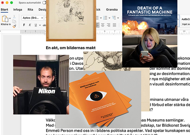 Kollage olika bilder, en kamera, böcker, En skiss av en skulptur, en kvinna som gråter tittar på sin mobil.